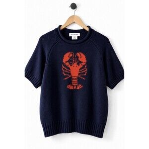 Free Assembly Women L 12-14 Navy Lobster Cotton Knitted Short Sleeve Sweater